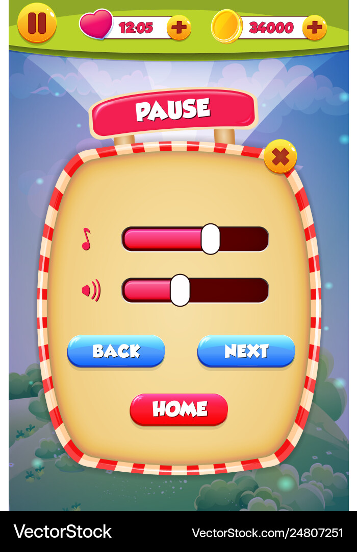 Pause menu scene pop up with sound music Vector Image