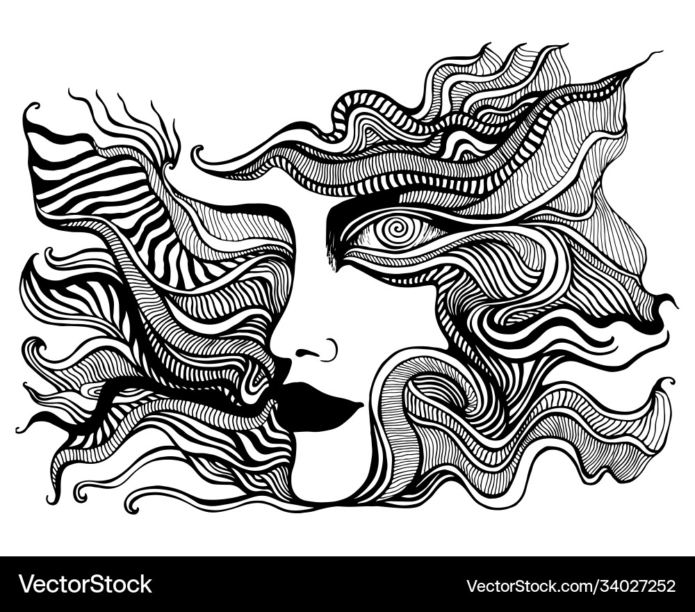 Black and white psychedelic face with spiral eye Black and white psychedelic face with spiral eye vector image