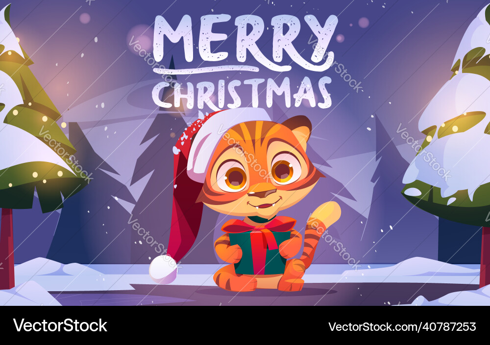 Frohe Weihnachtskarte mit Tiger im Winterwald Frohe Weihnachtskarte mit Tiger im Winterwald Vektorbild