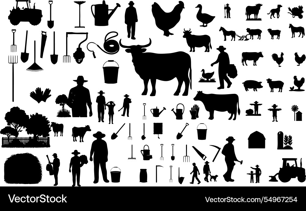 Farm Silhouettes: Agriculture & Rural Life Vector Image