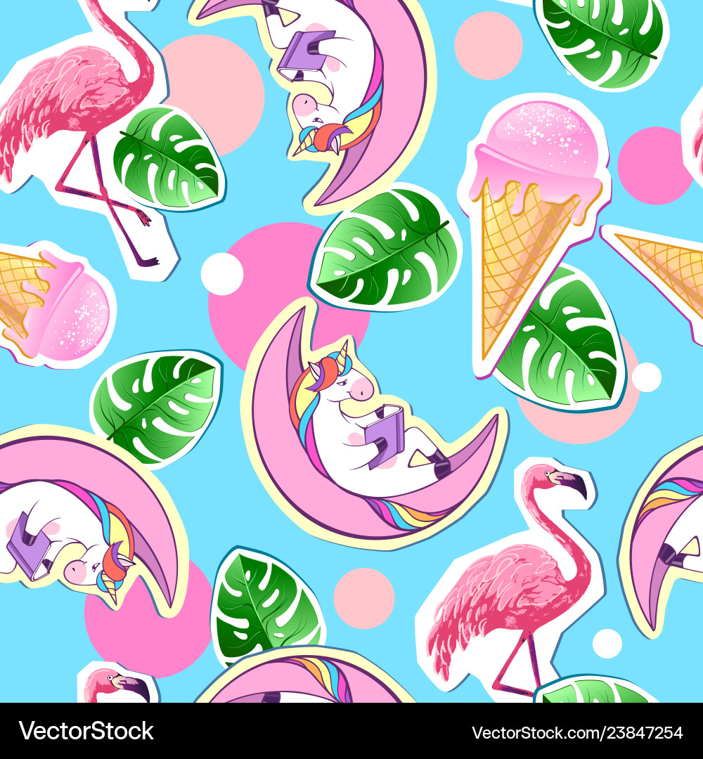 Unicorn & Flamingo Summer Pattern Vector Image
