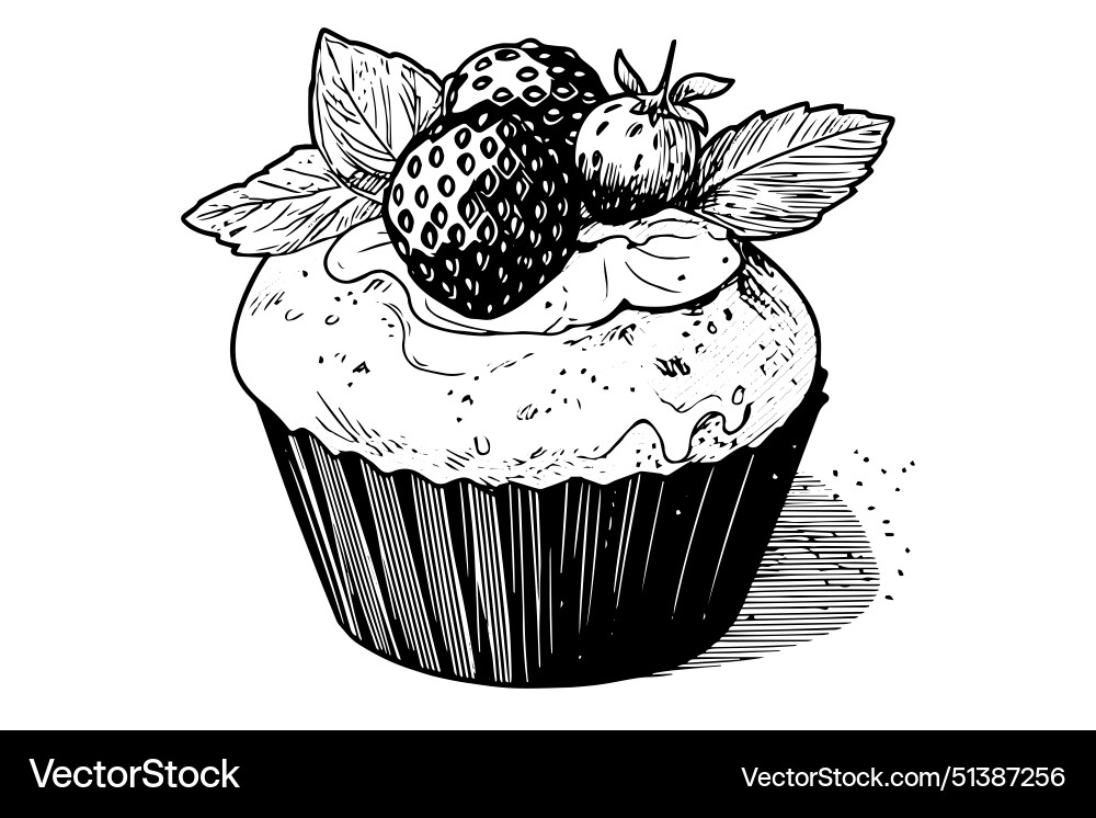 Cupcake with strawberry hand drawn ink sketch Vector Image