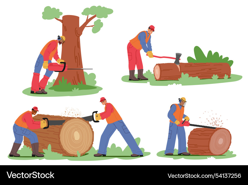 Workers cut trees and logs with chainsaws axes Workers cut trees and logs with chainsaws axes vector image