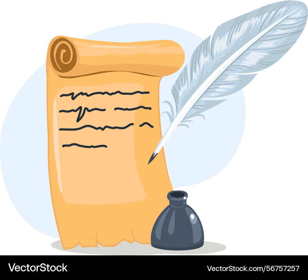 Ancient paper scroll with text and pen for writing Ancient paper scroll with text and pen for writing Vector Image