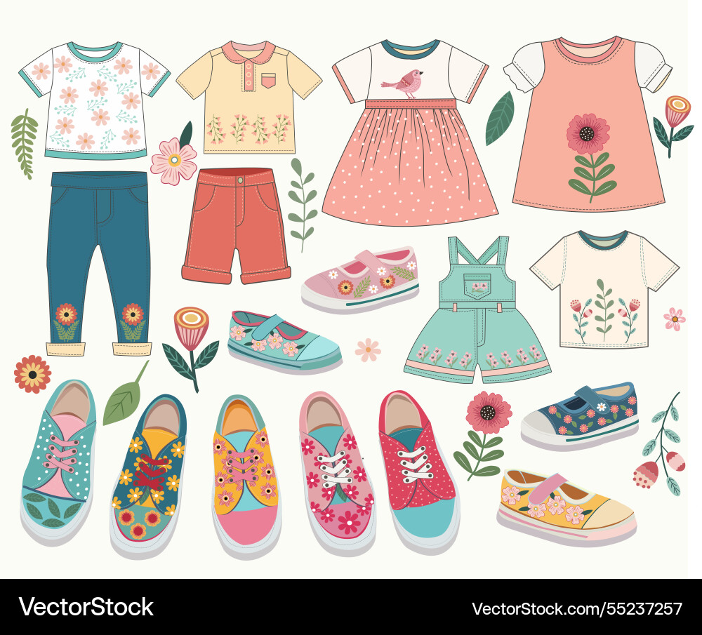 Kollektion von Cartoon Mode Tuch und Turnschuhe Kollektion von Cartoon Mode Tuch und Turnschuhe vektorbild