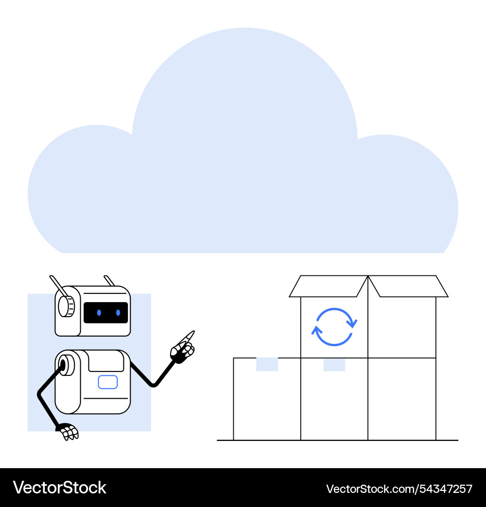 Robot pointing to open boxes with cloud Robot pointing to open boxes with cloud vector image