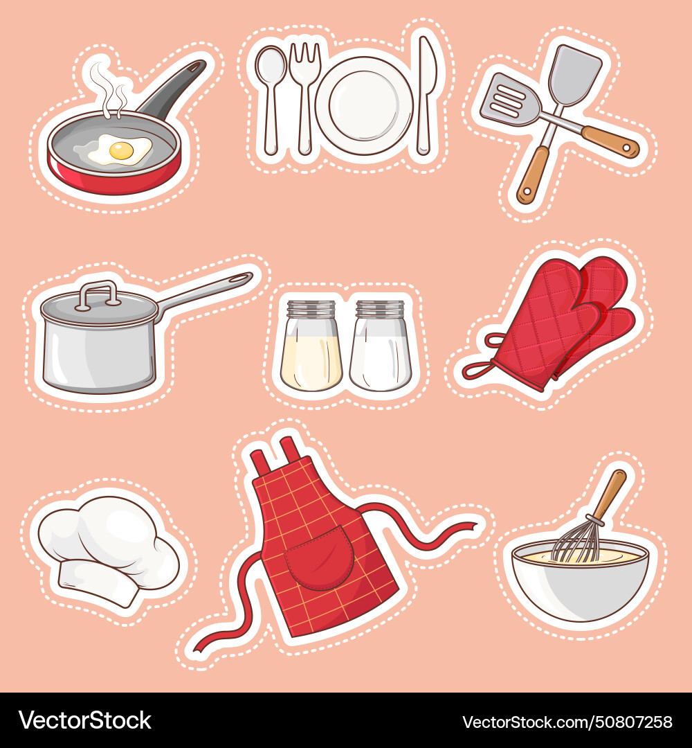 Cooking tools and utensils sticker set in cartoon Vector Image