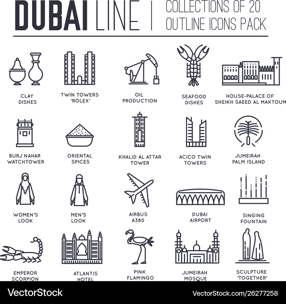 Set Kultursymbole dubai dünne Liniensymbole Set Kultursymbole dubai dünne Liniensymbole vektorbild