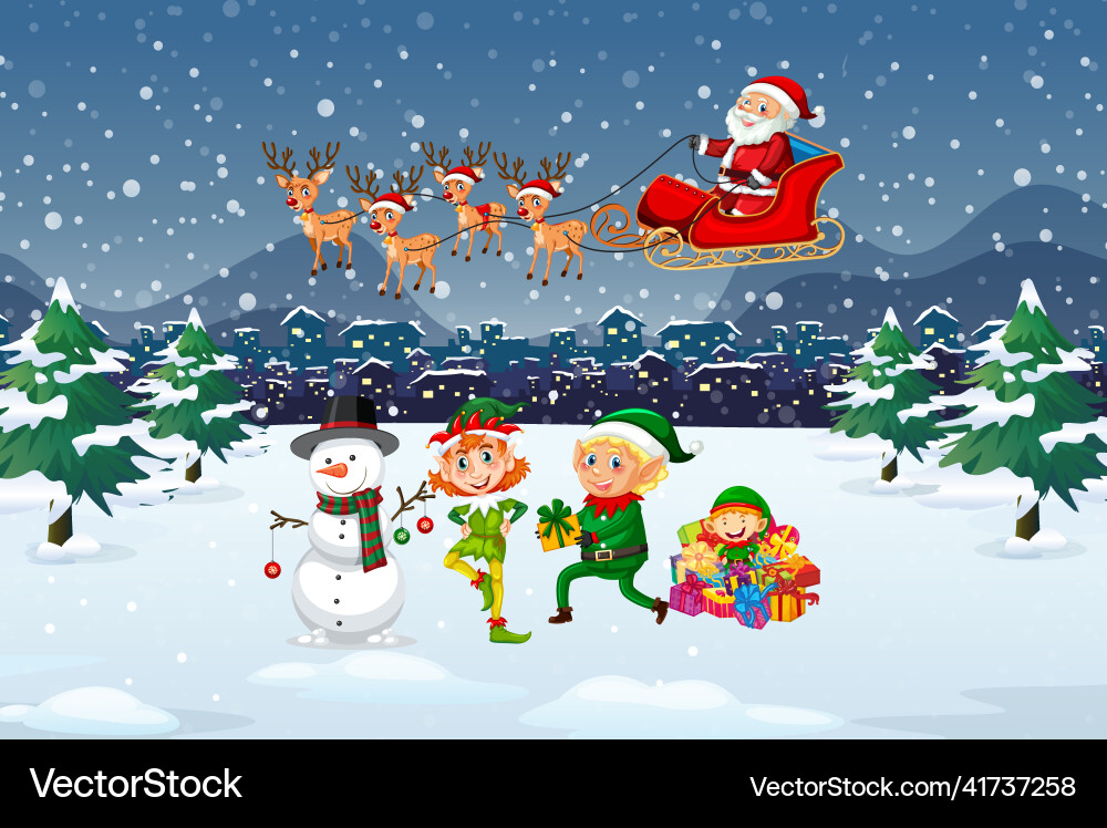 Snowy winter night with santa claus on sleigh Snowy winter night with santa claus on sleigh vector image