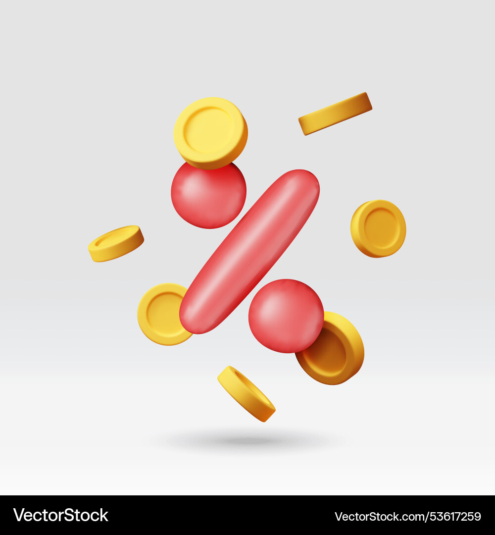 3d percent sign red balloon icon with coins 3d percent sign red balloon icon with coins vector image