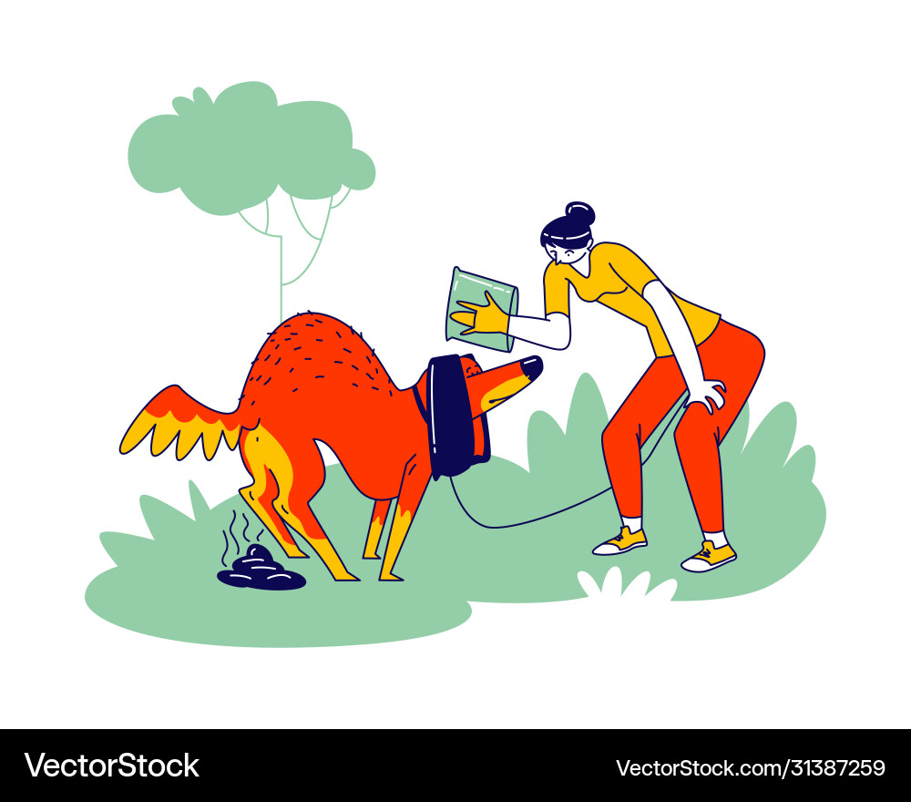 Dog pooping in park female owner character Dog pooping in park female owner character vector image
