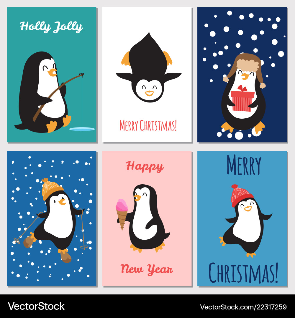 Holidays greetings cards cute penguins Holidays greetings cards cute penguins vector image