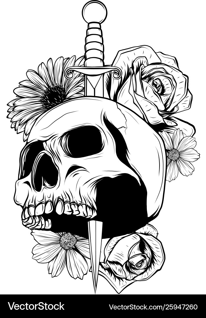 Gothic Skull with Roses and Knife Vector Image
