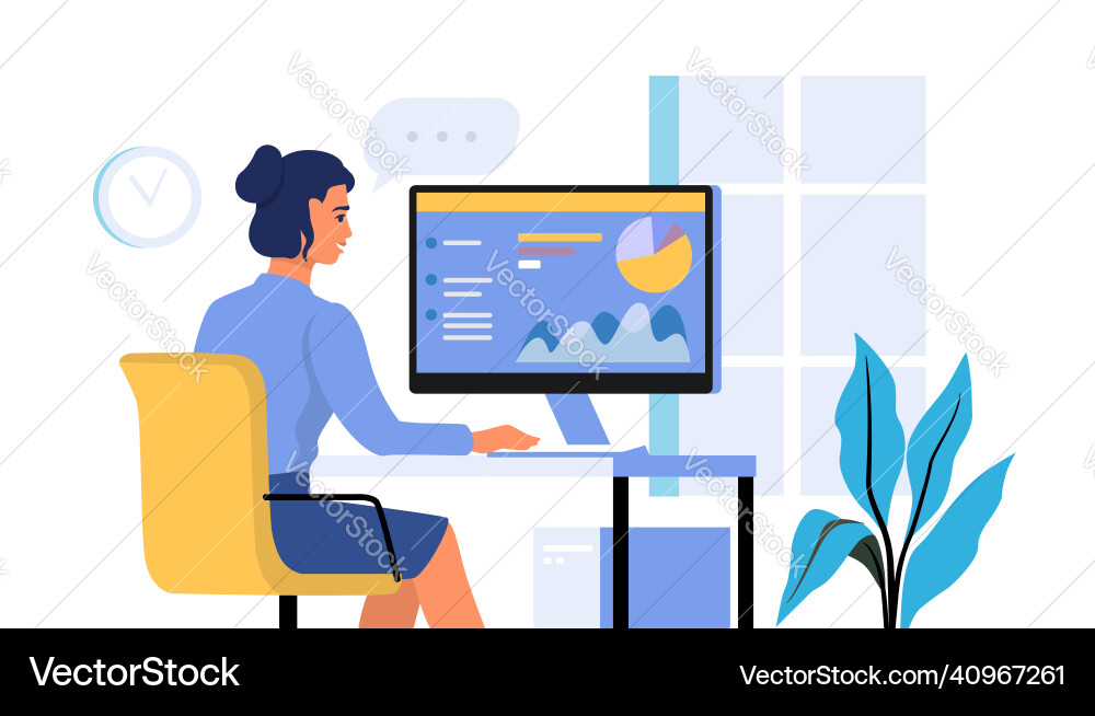 Woman use pc desk with computer monitor working Woman use pc desk with computer monitor working vector image