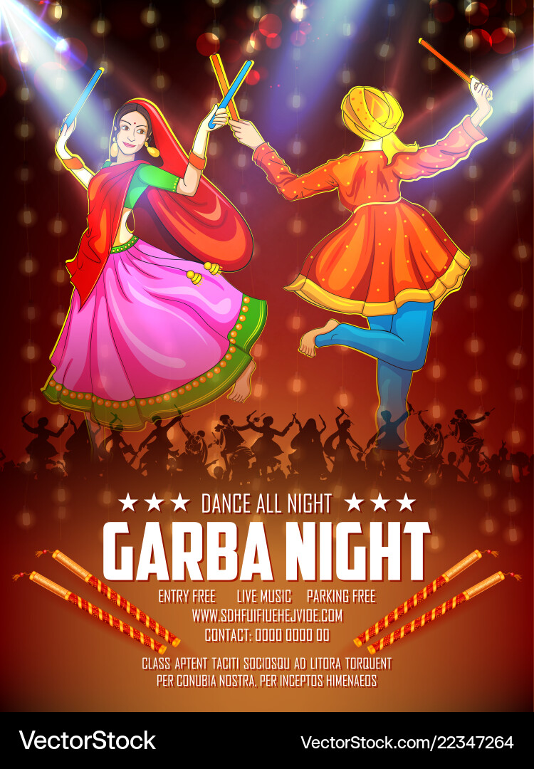 Couple playing dandiya in disco garba night poster Couple playing dandiya in disco garba night poster vector image