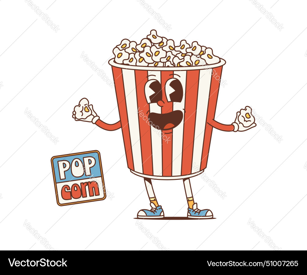 Cartoon retro popcorn bucket groovy character vector image