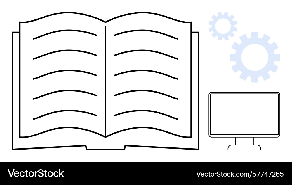 Open book with computer and gears representing Vector Image