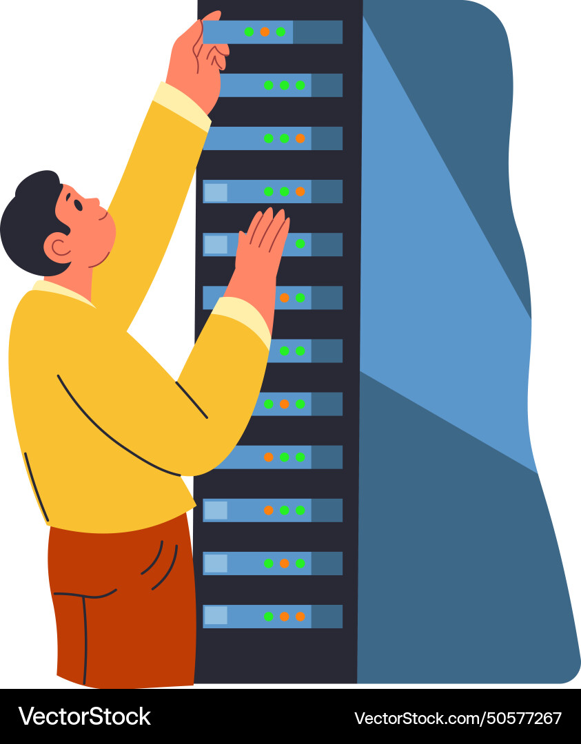 Daten auf dem Server gespeichert in Dateien Mann mit System Vektorbild