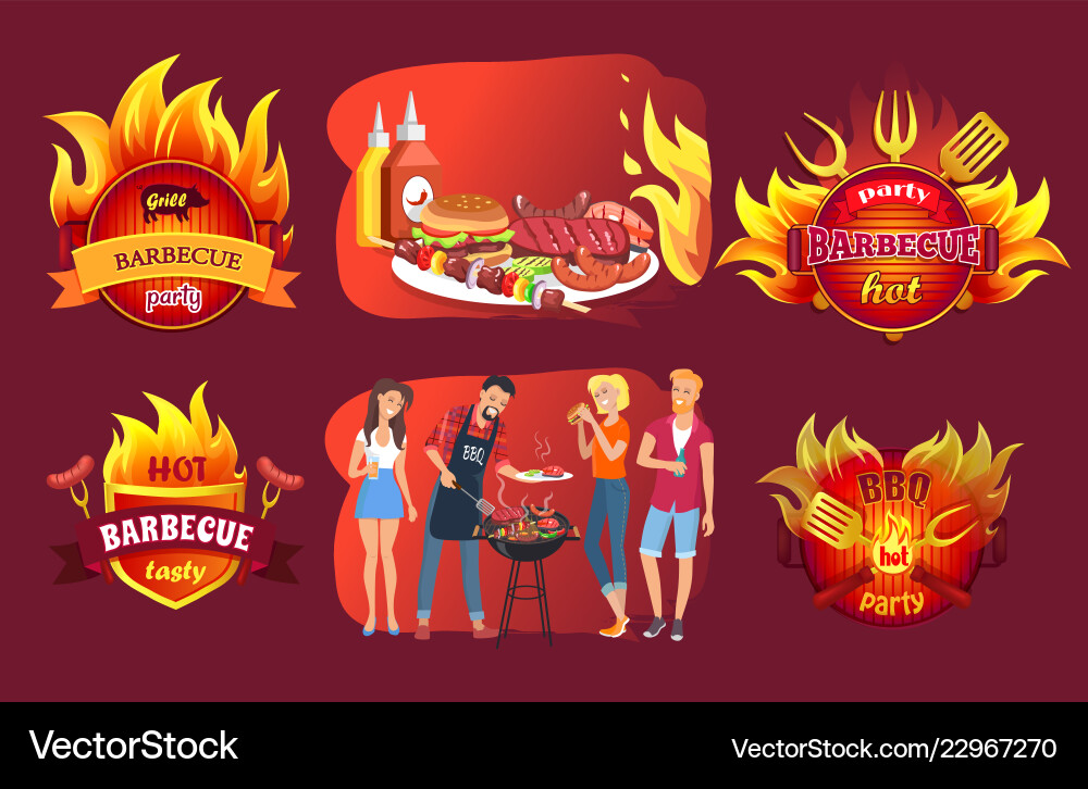 Barbecue party emblems and people around grill Barbecue party emblems and people around grill vector image
