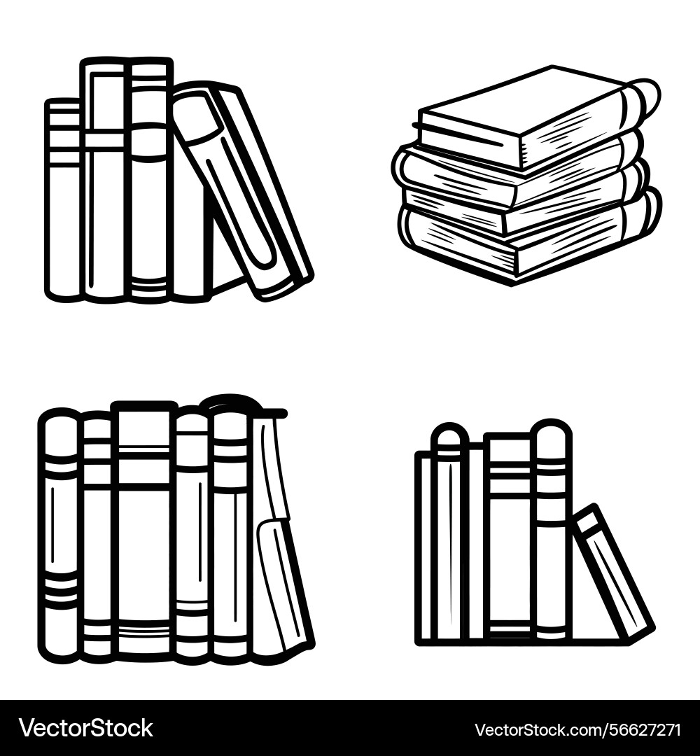Outlined books collection stack pile and row Vector Image