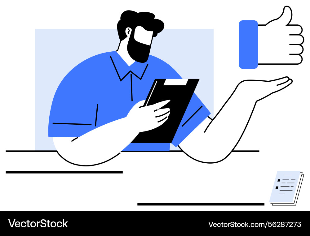 Man reviewing document with clipboard emphasizing Man reviewing document with clipboard emphasizing Vector Image