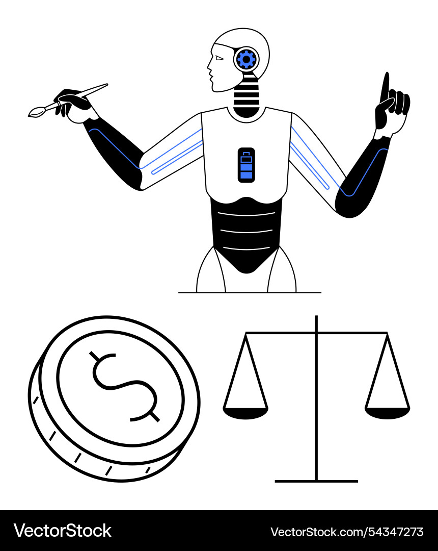 Robot with mechanical arms and data screen coin vector image
