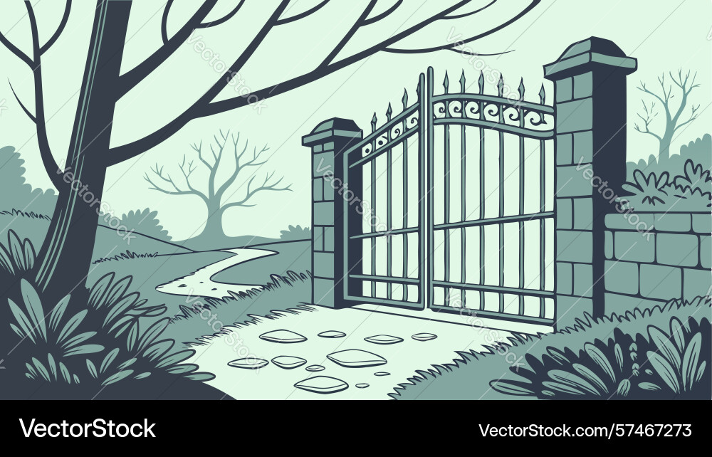 Winding path to gate in forest design generative vector image