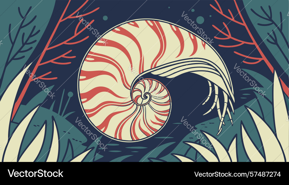 Nautilus shell in a lush forest with abstract vector image
