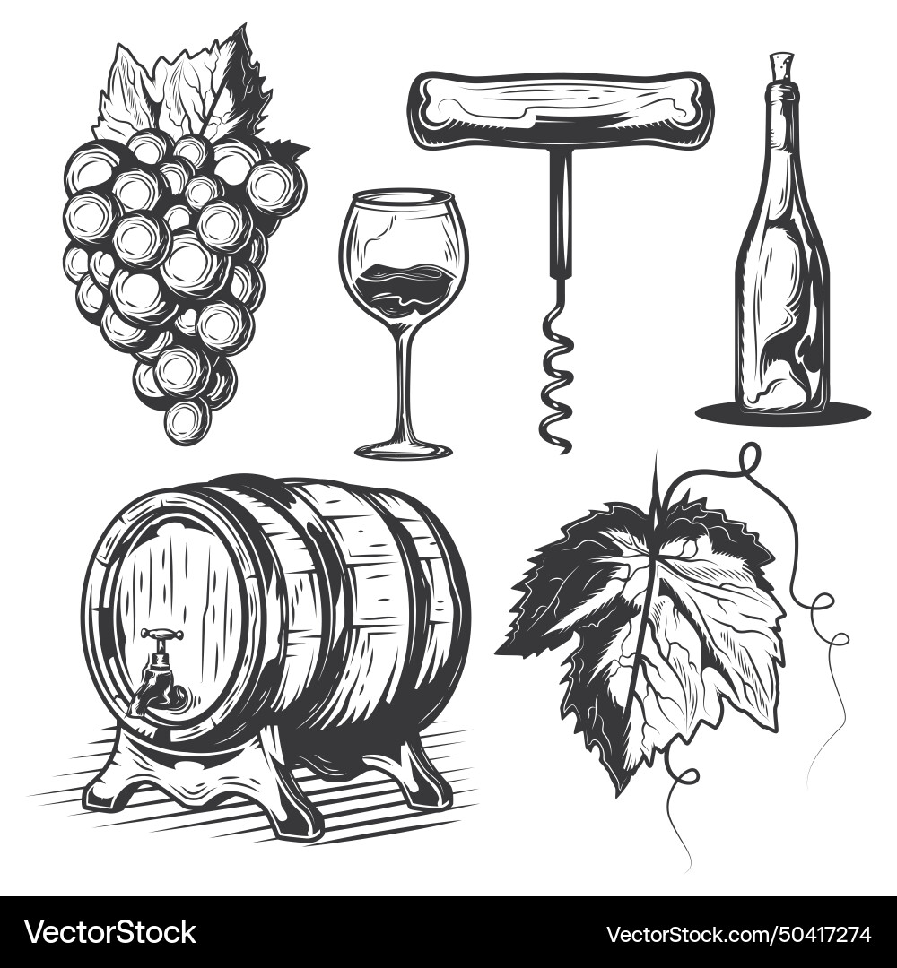 Set of winemaking elements barrel grapes bottle Set of winemaking elements barrel grapes bottle vector image