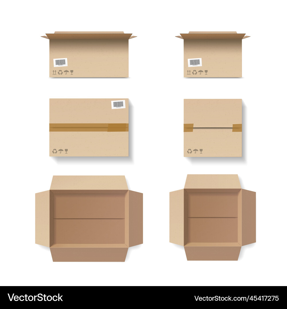 Set of closed and open cardboard boxes with tape Set of closed and open cardboard boxes with tape vector image