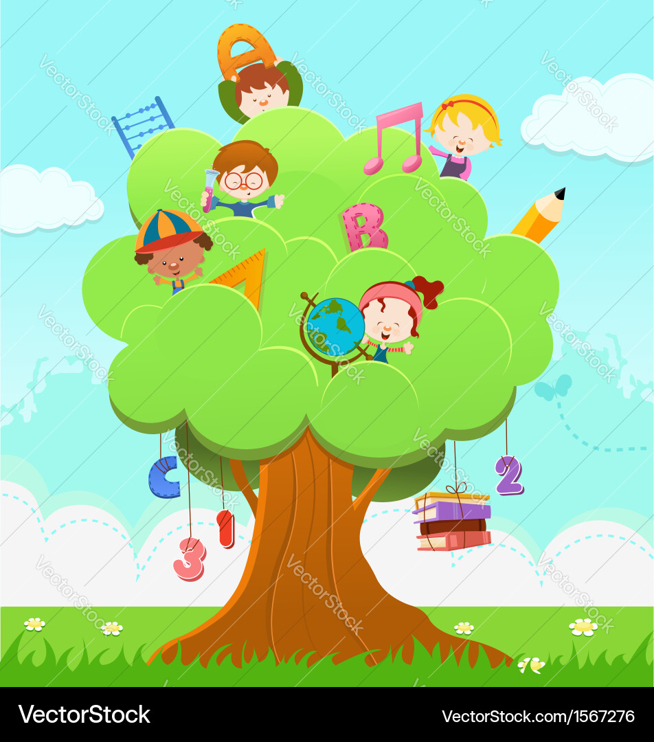 Children Learning on a Tree vector image