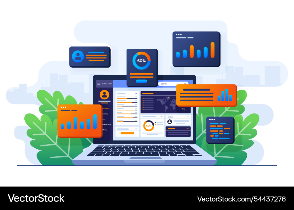 Data charts graphs and a dashboard on laptop Data charts graphs and a dashboard on laptop vector image