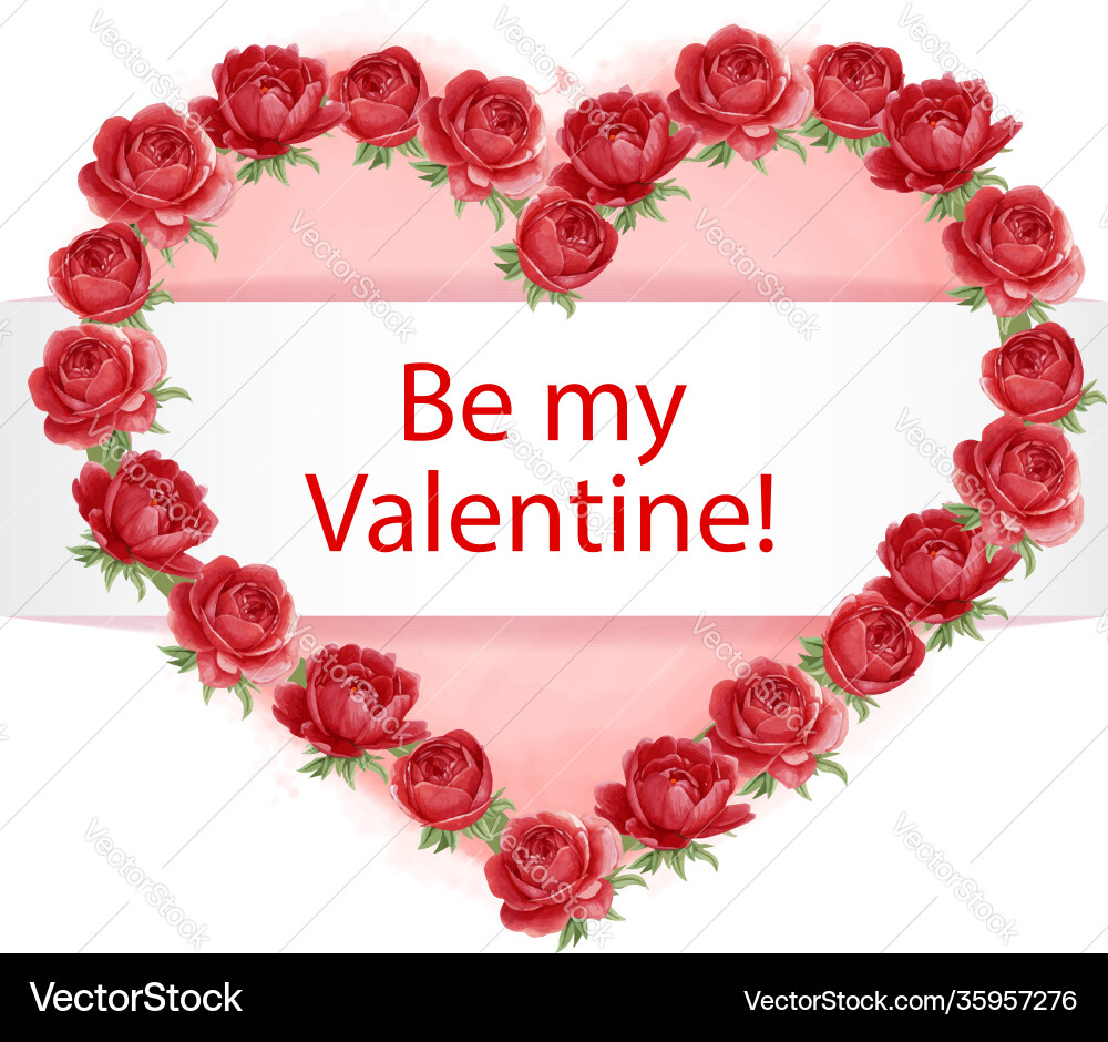 Red peony heart shaped wreath with watercolor Red peony heart shaped wreath with watercolor vector image