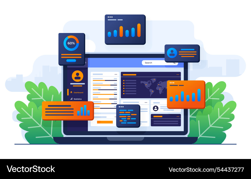 Data charts graphs and a dashboard on laptop Data charts graphs and a dashboard on laptop Vector Image