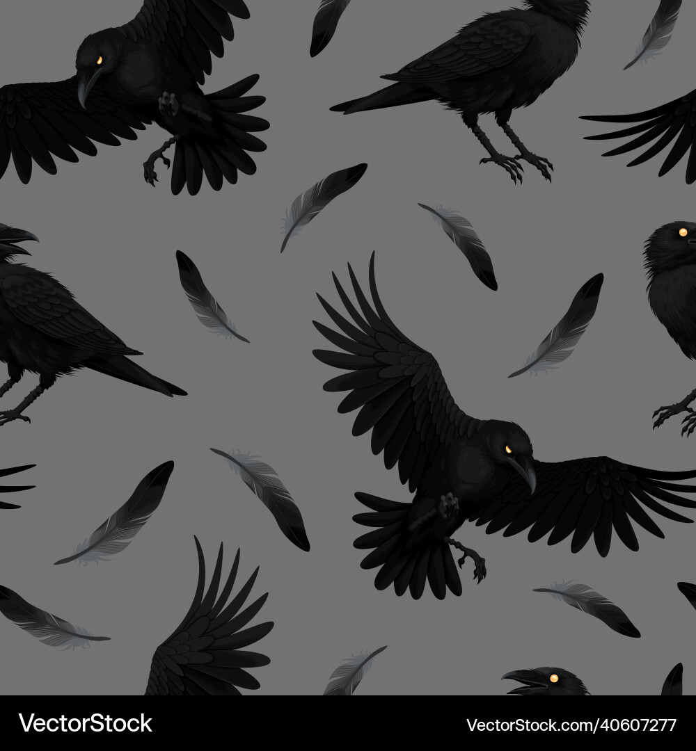 Seamless pattern with raven and feathers Vector Image