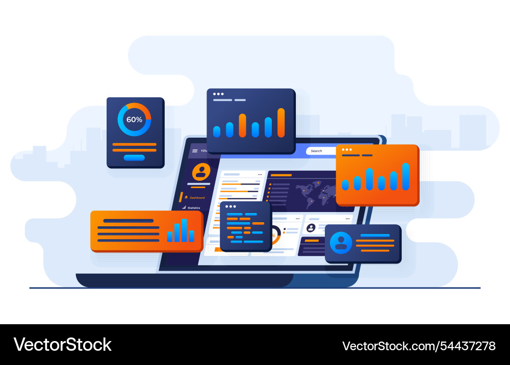 Data charts graphs and a dashboard on laptop Data charts graphs and a dashboard on laptop vector image