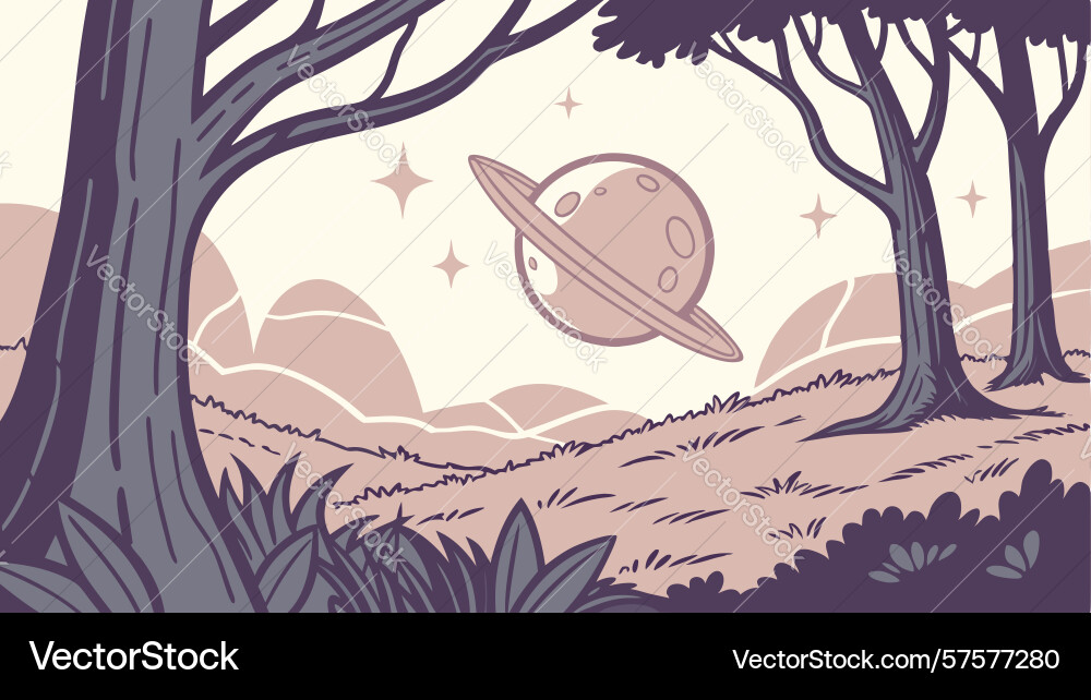 Cosmic forest with floating saturn planet Vector Image