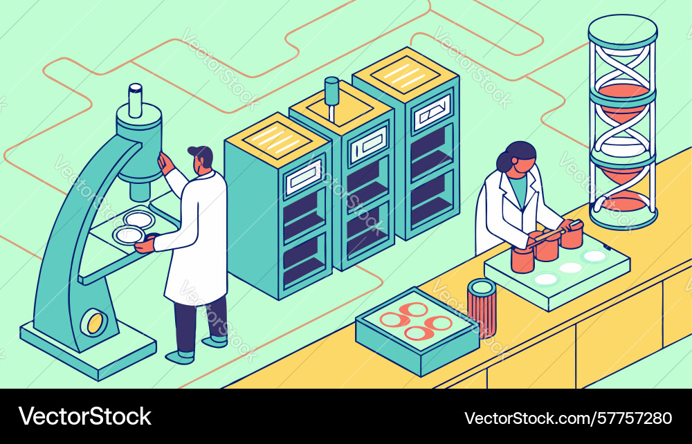 Scientist conducting research using a microscope Vector Image