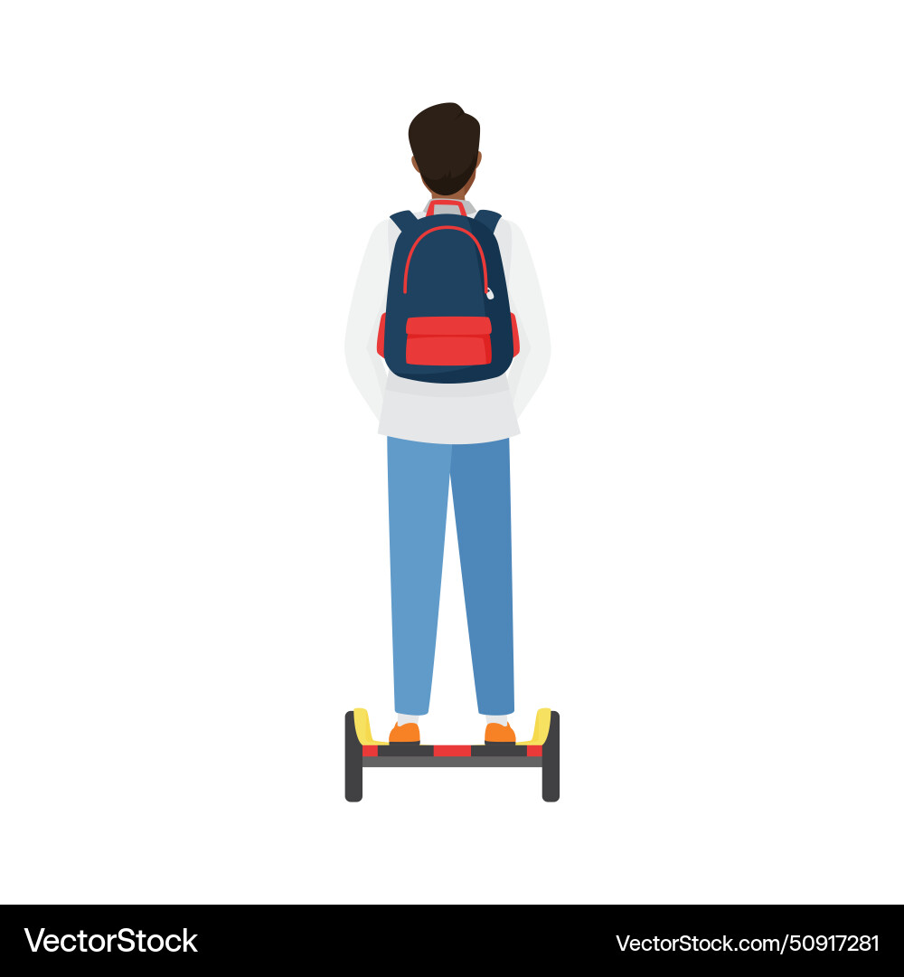 Back view of student character on hoverboard Back view of student character on hoverboard Vector Image