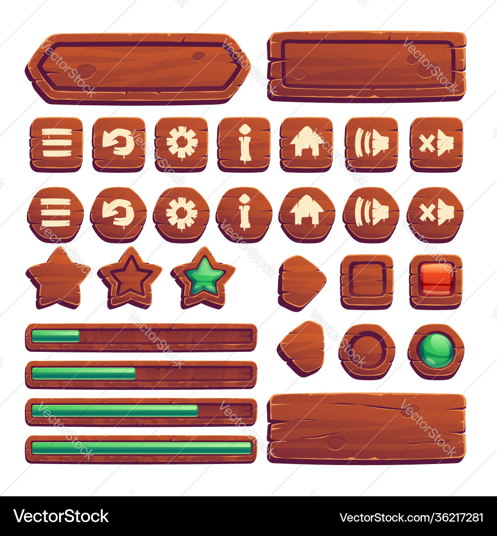 Wooden buttons for ui game gui elements Wooden buttons for ui game gui elements vector image