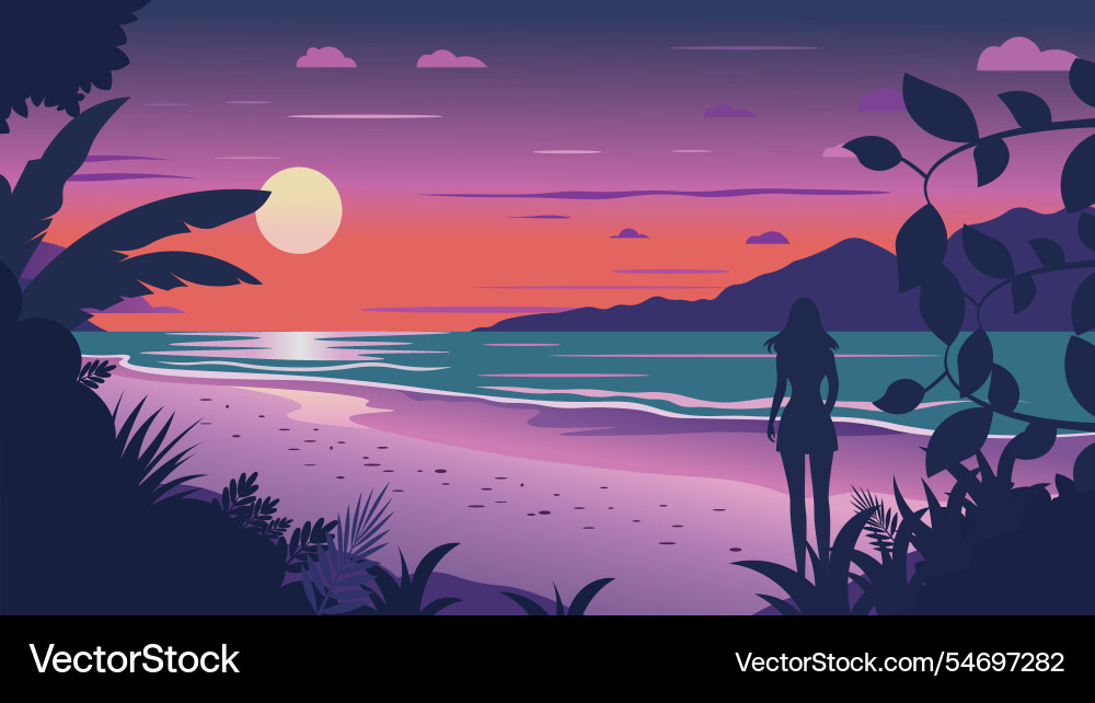 Back view of woman silhouette on the beach Back view of woman silhouette on the beach vector image