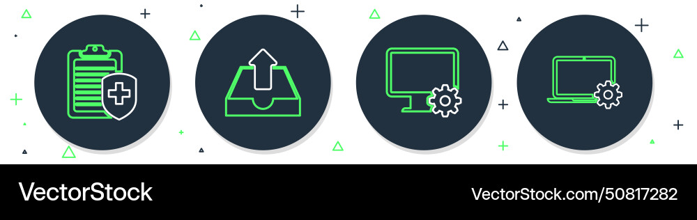 Set line upload inbox computer monitor and gear Set line upload inbox computer monitor and gear vector image