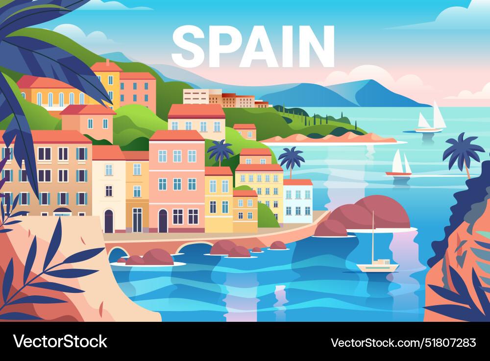 Spain coastal town colorful buildings sailboats Spain coastal town colorful buildings sailboats vector image