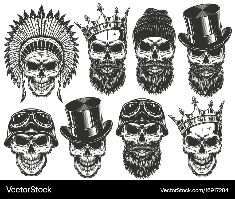 Skull Character Set - Diverse Hats & Styles Vector Image