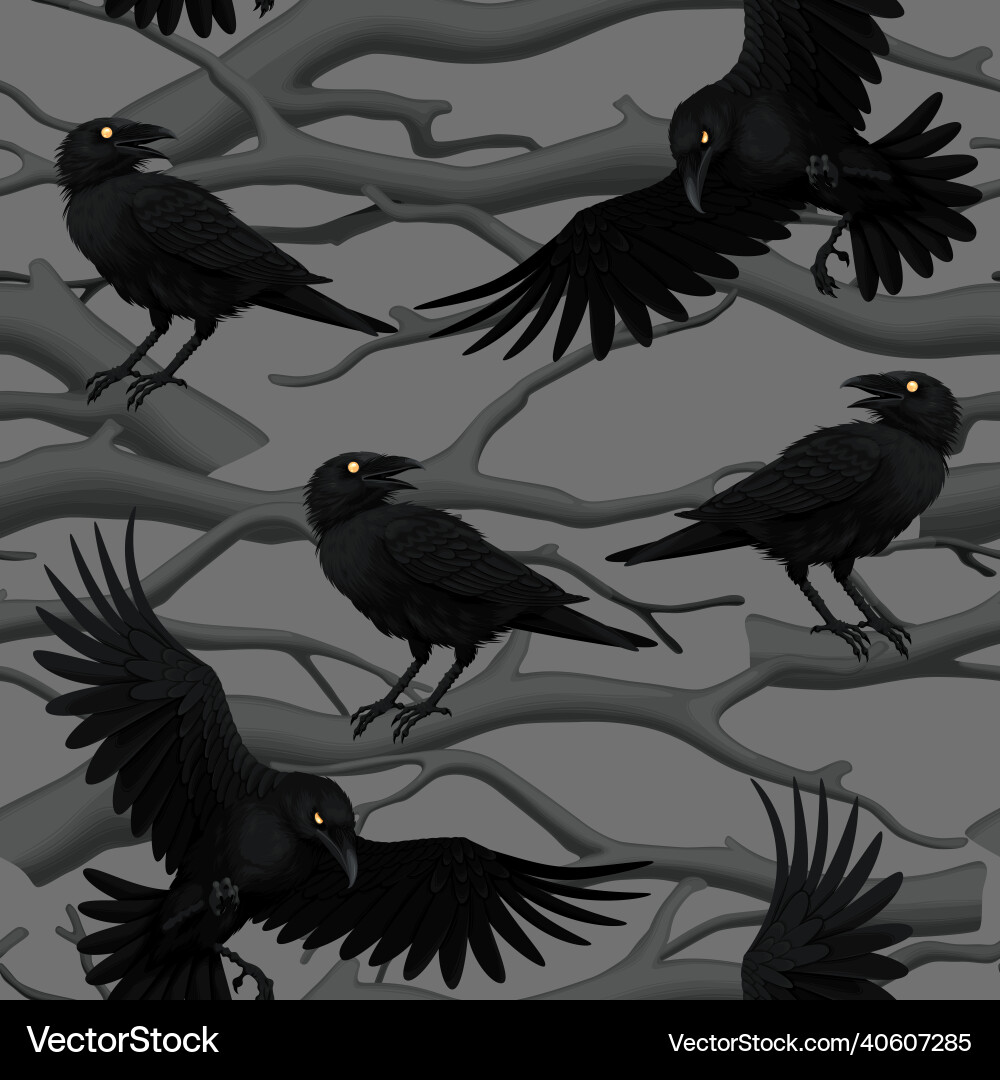 Seamless pattern with raven on a branch vector image