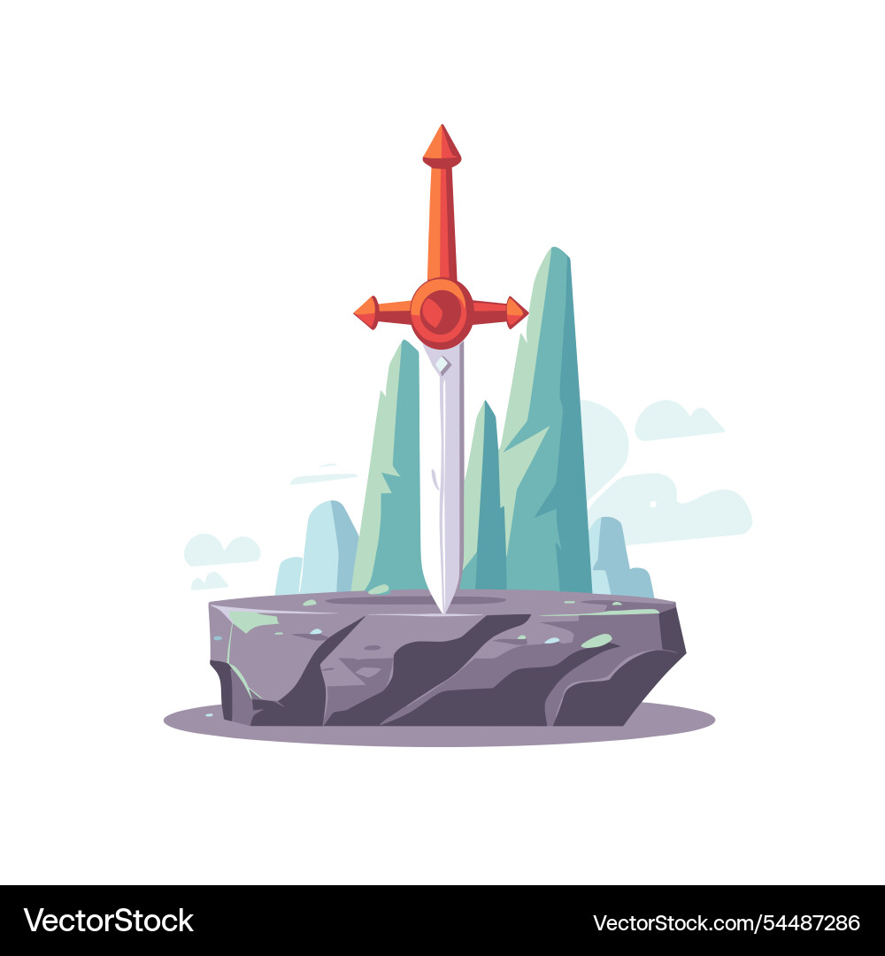 Sword embedded in stone at mystical location Sword embedded in stone at mystical location Vector Image