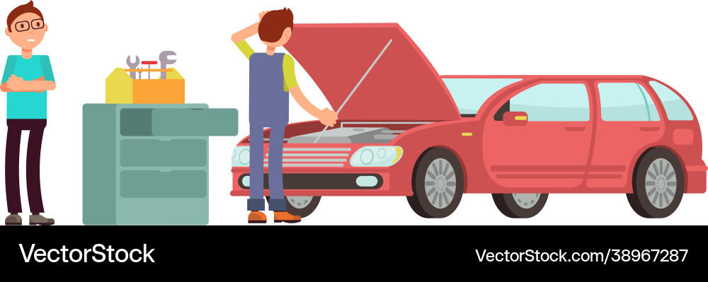 Car repair man in auto service with vehicle Car repair man in auto service with vehicle vector image