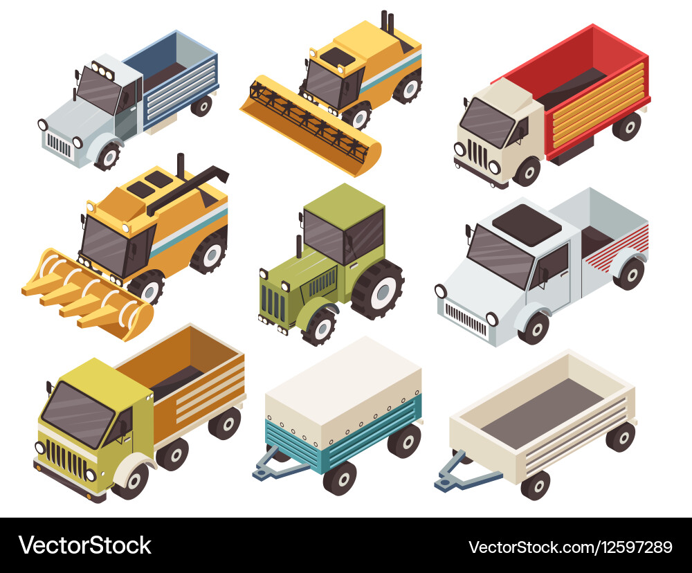 Farm Truck & Tractor Isometric Collection Vector Image