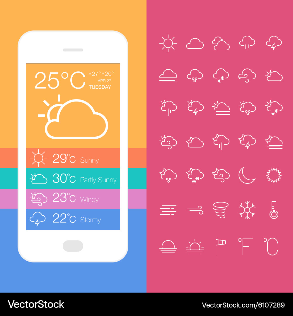 Mobile weather application screen with icon set vector image