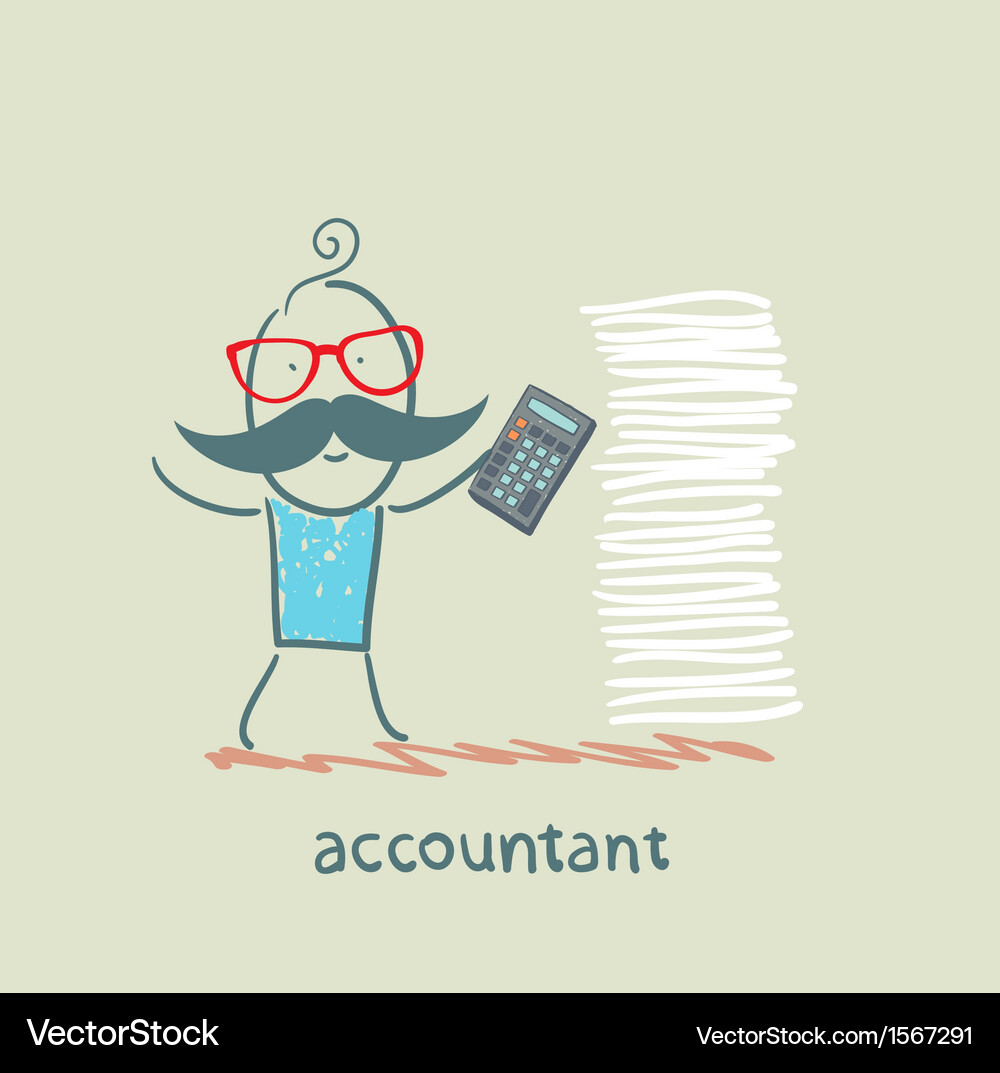 Accountant with Calculator and Stack of Papers Vector Image